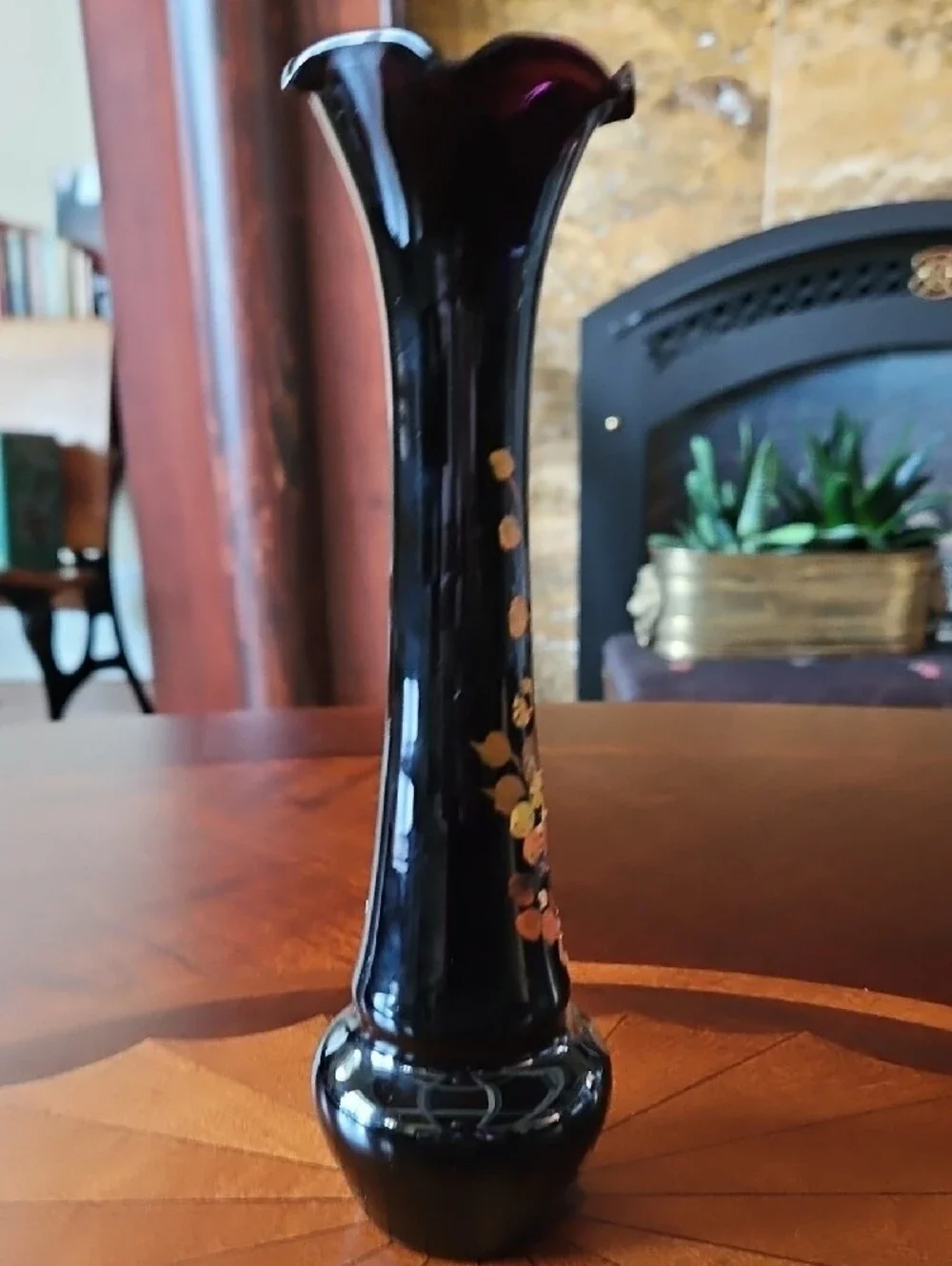 Art Deco Black Amethyst Hand Painted Enamel Floral Gold Ruffled Fluted Bud Vase
